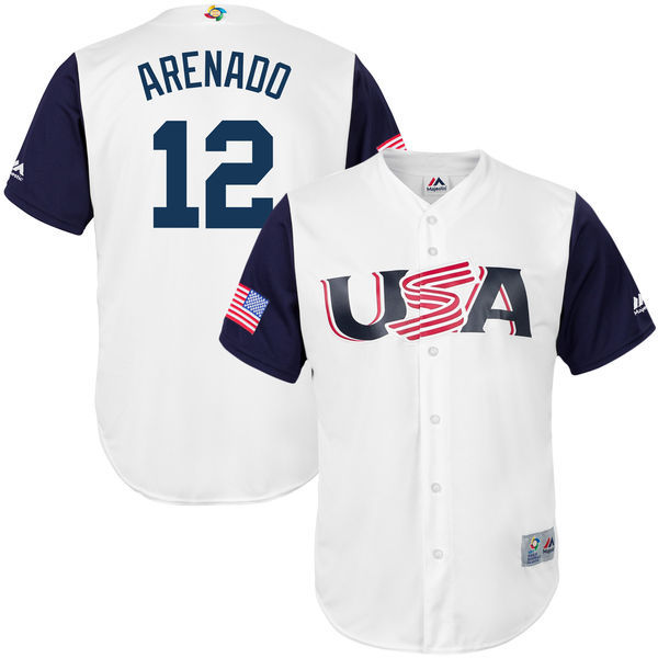 customized Men USA Baseball #12 Nolan Arenado Majestic White 2017 World Baseball Classic Replica Jersey->->MLB Jersey